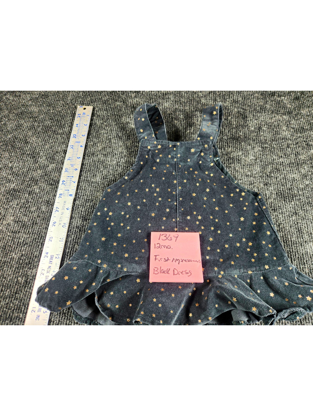 First Impressions Girls Black/Gold Star Corduroy Overall Dress Ruffle 9-12M
